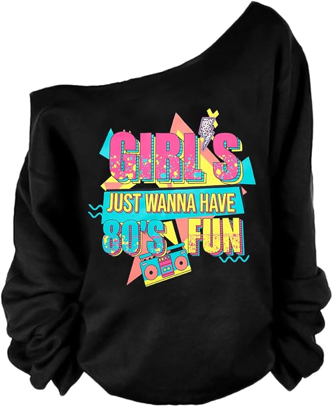 QLIPIN 80s 90s Outfits for Women 80's Theme Party Long Sleeve Shirt 90s Off the Shoulder Sweatshirt Retro Neon Disco Pullover