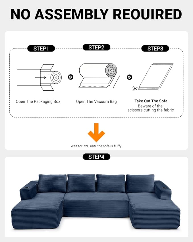 132 Inch Modular Sectional Sleeper Sofa, Boneless Cloud Couch for Living Room, U Shaped 5 Seat Sofa with 2 Cup Holders, Free Combination, No Assembly Required (Blue)