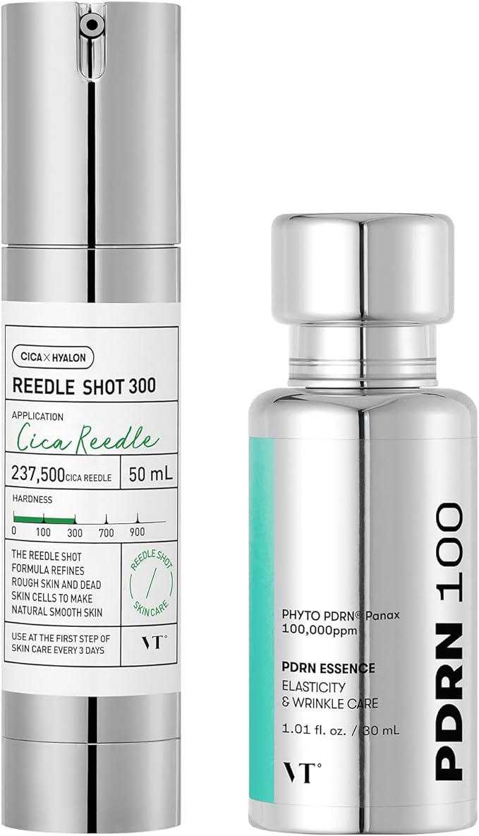 VT COSMETICS CICA Reedle Shot 300 Essence 1.69Fl Oz (50ml) & Korean Gingseng Vegan PDRN 100 Serum for Natural Glow 1.01 fl. Oz.