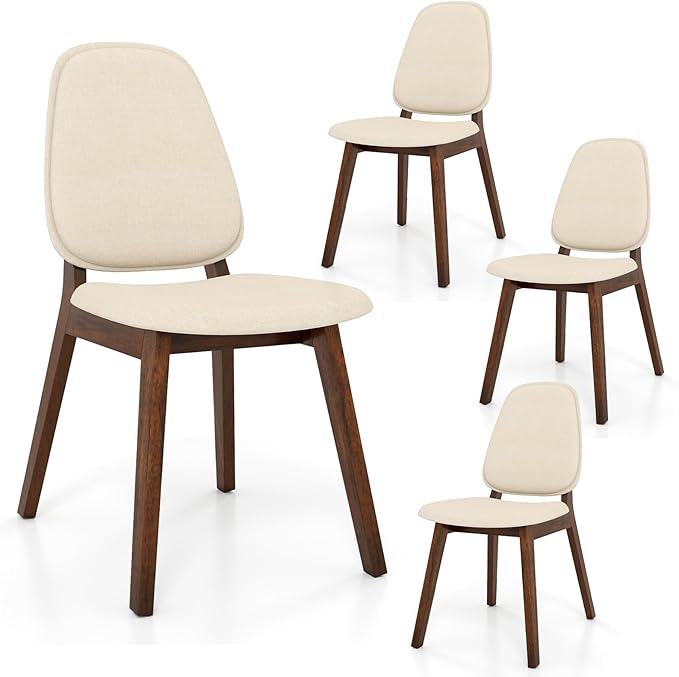 Giantex Wooden Dining Chairs Set of 4, Linen Fabric Upholstered Dining Room Chairs w/Rubber Wood Frame, Padded Seat, Curved Back, Mid-Century Modern Kitchen Side Chair for Home Living Room