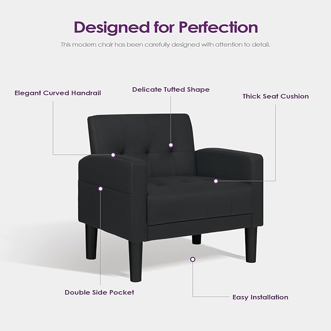 TYBOATLE Accent Chair, Living Room Chairs, Cozy Tufted Mid Century Modern Black Accent Chairs with Arms for Bedroom, Comfy Reading Arm Chair,Small Chairs for Small Spaces,Living Room,Office (1, Black)