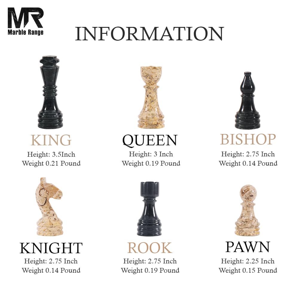 Marble Chess Set for Adults 15" Handmade Black & Coral Board Game with 32 Chess Pieces, 2 Extra Queens & Storage Box, Luxury Travel Game – Elegant for Home Decor