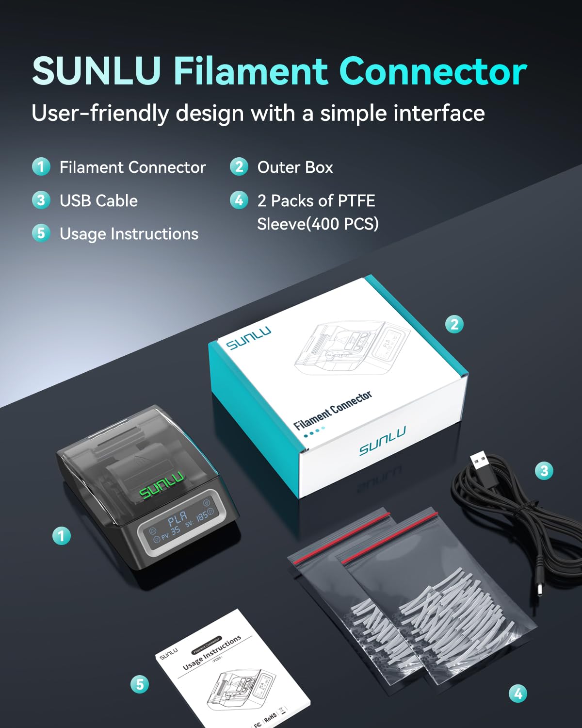 SUNLU Official Filament Connector, 400Pcs PTFE Sleeve Filament Splicer for 3D Printer Filament 1.75mm, Fast Heating Filament Welder Compatible with PLA PETG TPU ABS PA Nylon, Easy to Use