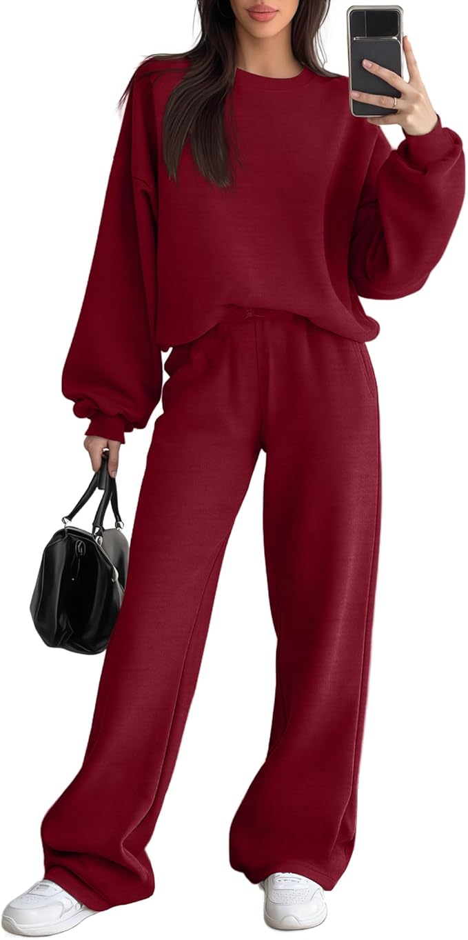Sweetyweee Women's 2 Piece Outfits Set Fleece Lined Lounge Sweatsuit Crewneck Pullover Top Wide Leg Pants Casual Tracksuit