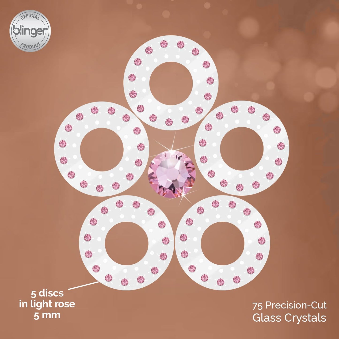 blinger Crystal Refill Pack | 5 Discs - 75 Precision-Cut Glass Crystals | Styling Tool not included | Light Rose 5 mm