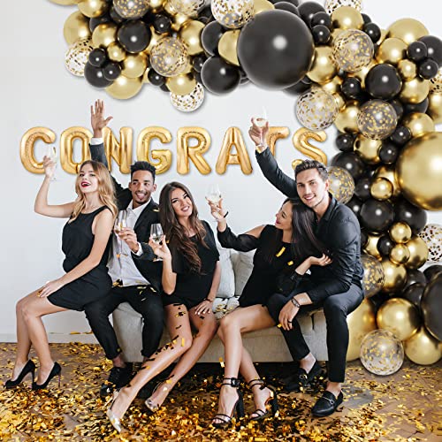 RUBFAC 130pcs Black and Gold Balloons, Black Metal Gold and Metallic Confetti Gold Balloons for 2026 New Year Graduation C...