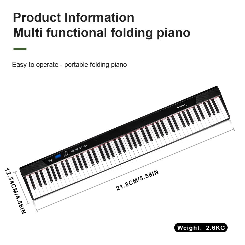 Coolmusic Folding Piano Keyboard 88 Keys, Portable Electric Keyboard with MIDI, Full Size Digital Piano, Wood Grain, Semi-Weighted, Rechargeable, with Storage Bag for Beginner