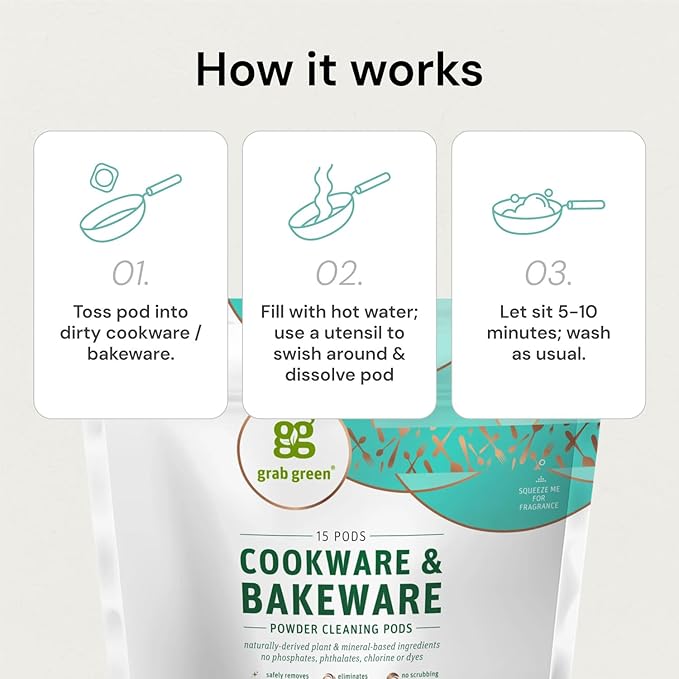 Grab Green Cookware and Bakeware Cleaner Pods,15 Pods, Tangerine Lemongrass Scent, Plant and Mineral Based, Removes Burnt-On Food, Eliminates Stains