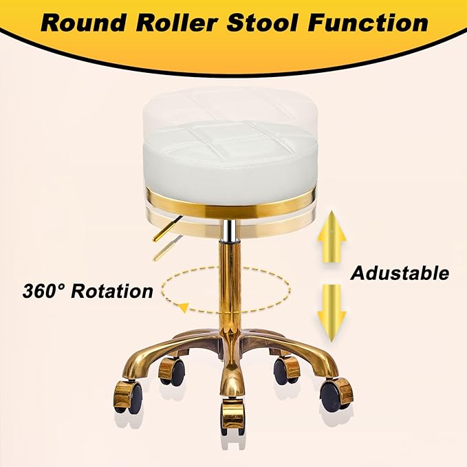 Gold Rolling Vanity Stool with Wheels, Padded Seat, Adjustable Round Rolling Chair, Office Work Stool, Pedicure Salon Spa Massage Esthetician Chair For Hair Salons, Spas, Tattoo (white, Without Back)