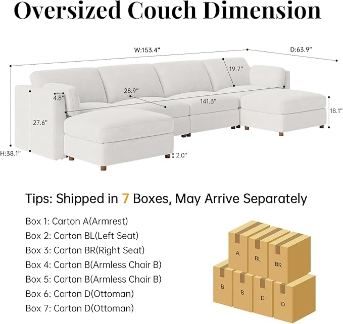 CUGOAO 153.4'' Modular Sectional Sofa, Oversized U-Shaped Sectional Couch with Ottoman, Deep Seat Chenille Cloud Couch, Mordern Upholstered Couches for Living Room, Apartment, Office, Beige
