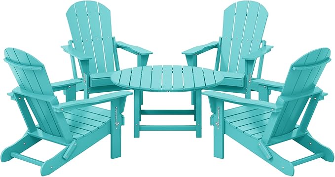 Costaelm Patio Conversation Set, 5 Piece Balcony Furniture, Small Patio Firepit Furniture Outdoor Adirondack Round Coffee Table and Chair for Backyard Lawn Porch Pool Garden, Turquoise