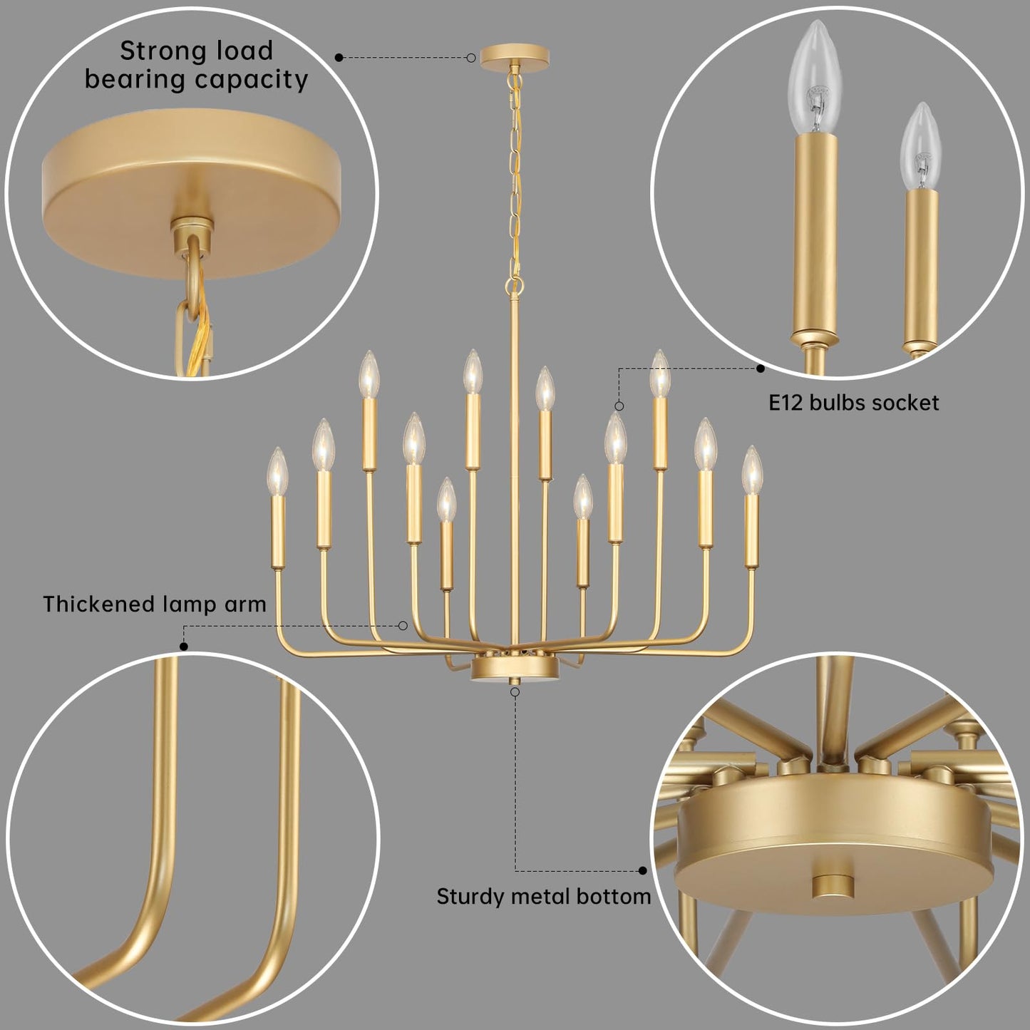 Gifarich Gold Chandeliers for Dining Room Light Fixture Over Table, Modern Farmhouse Chandeliers for Living Room,12-Lights Candle Lighting Fixtures for Entryway Kitchen Island Foyer