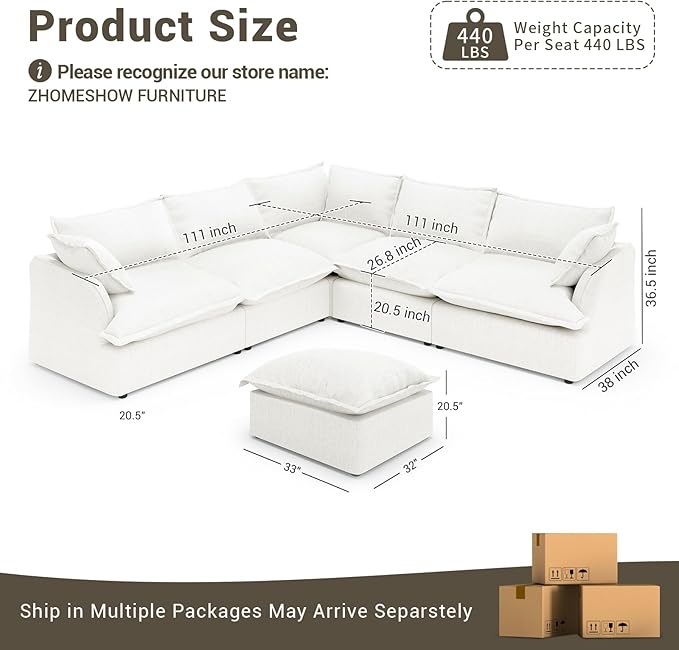 Lopzeho Oversized Cloud Modular Sectional Sofa, Comfy Down Filled Cloud Couch with Removable Cover, V Shaped 5 Seat Couch with Ottoman, Deep Seat Sectional Couches for Living Room, Cream White