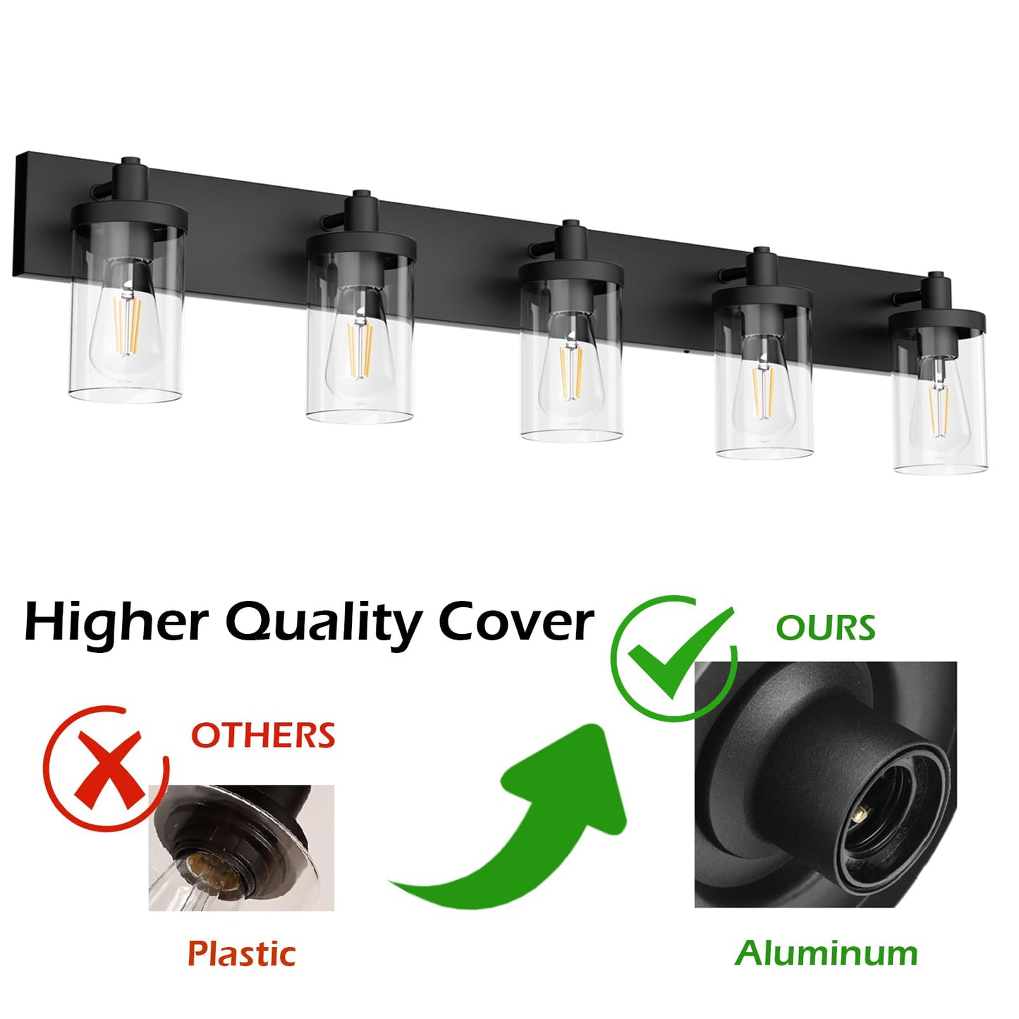 Aipsun Matte Black Bathroom Vanity Light Fixtures 5 Lights Industrial Lighting Fixtures Over Mirror with Clear Glass Shade(Exclude Bulb)