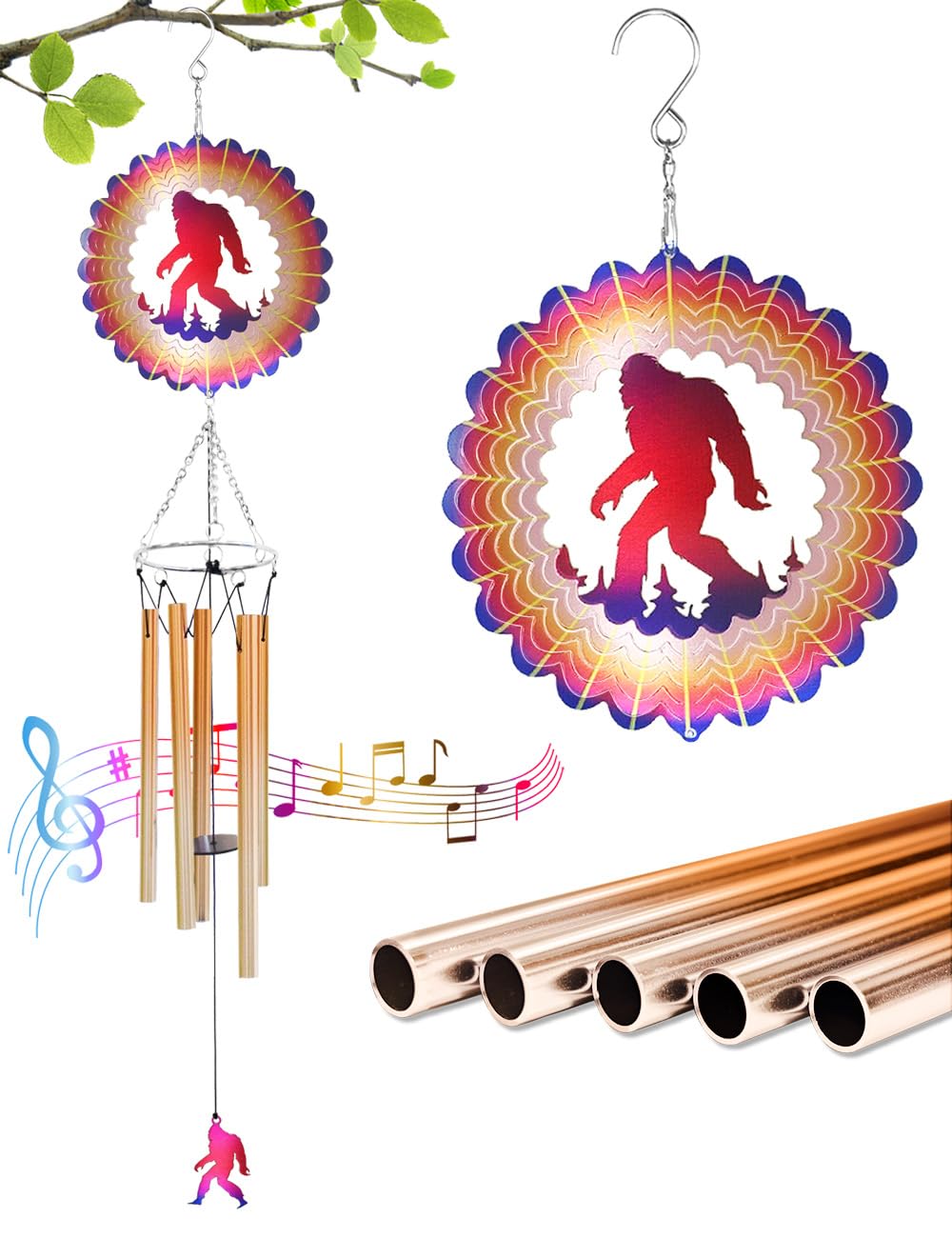 AZEEBOI Wind Chimes for Outside with Bigfoot Wind Spinner, Unique Big Foot Wind Chime Gifts for Men Dad Grandpa Brothers Friend Fathers Day Birthday, Sasquatch Windchimes Outdoor Garden Yard Decor