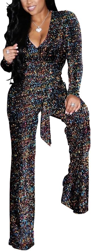 JTNFairy Sexy Sequin Jumpsuits for Women Plus Size Elegant Clubwear Sparkly High Waisted Wide Leg Pant Disco Outfits