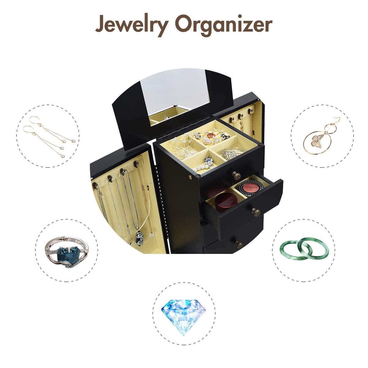 OFFICEJOY Jewelry Armoire Cabinet w/Top Flip Mirror, Wooden Jewelry Storage Chest w/ 4 Drawers, 2 Side Door, 8 Necklace Hooks, Standing Jewelry Organizer for Ring Necklace Bracelet (Black)