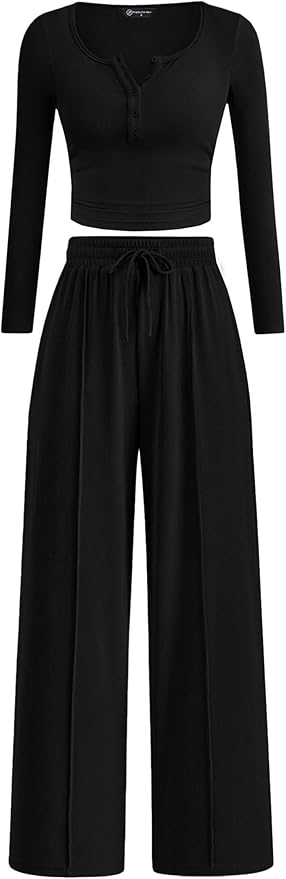 PRETTYGARDEN Women's 2026 Fall Trendy 2 Piece Outfits Lounge Sets Long Sleeve Top Henley Shirts Wide Leg Pants Travel Clothes