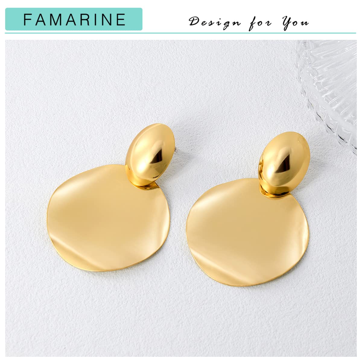 FAMARINE Gold Big Disc Statement Earrings Smooth Round Hammered Dangle Earrings for Women Earrings Fashion Jewelry