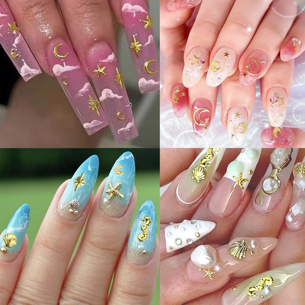 Gold Nail Charms, 2Boxes Gold Star Ocean Nail Gems Charms, Metal Small Star Moon Seashell Starfish Summer Charms for Acrylic Nai