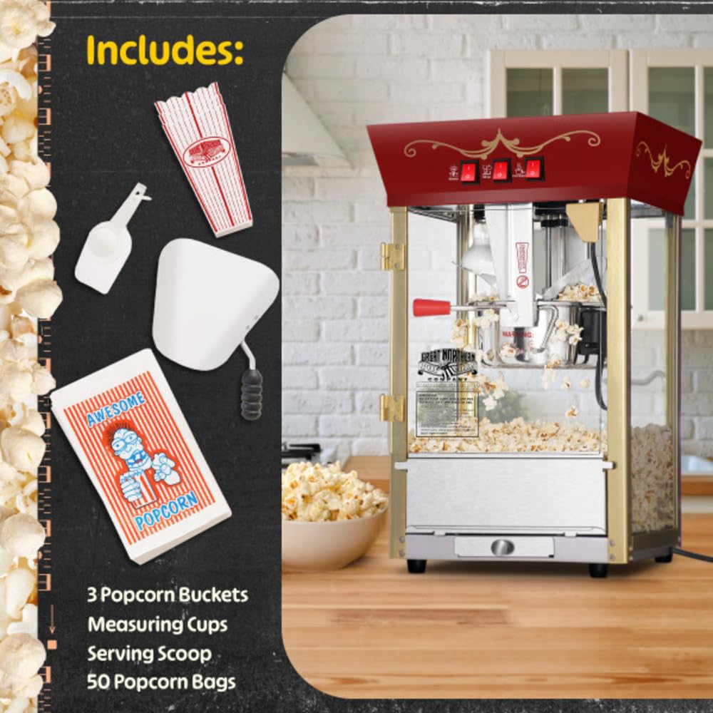 Matinee Popcorn Machine - 8oz Popper with Stainless-Steel Kettle, Reject Kernel Tray, Warming Light, and Accessories by Great Northern Popcorn (Red)
