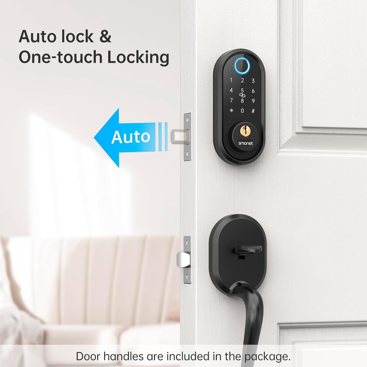 SMONET Front Door Lock Set with Handle, Smart Fingerprint Keyless Entry Door Lock, Deadbolt with App Control, Touchscreen Keypad for Home Airbnb Apartment