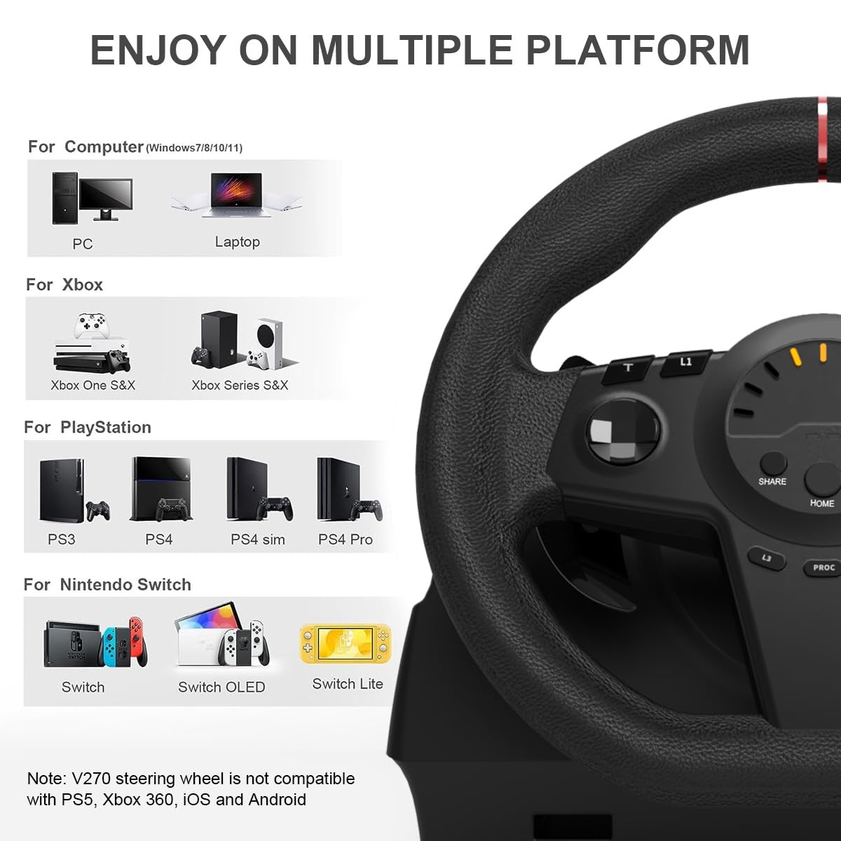 HQFYH PC Racing Wheel, Universal Usb Steering Wheel Car Driving Sim 270 Degree Racing Wheel with Pedals for PS3, PS4, Xbox One, Xbox Series X|S, Switch