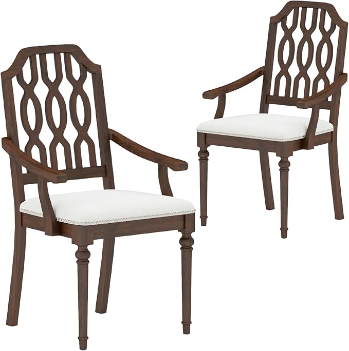 chairus Farmhouse Dining Chairs Set of 2, French Country Vintage Wooden Dining Room Chairs with Arm, Lattice Back & Turned Legs, Rustic Chenille Upholstered Nailhead Trim Kitchen Chairs, Walnut Brown