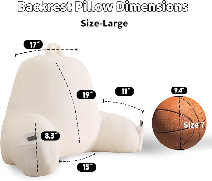 PAJEO Reading Pillow for Sitting in Bed, Large Backrest Reading Pillow with Arm Rest,Back-Rest Support Cushion for Sit Up on Couch, Sofa, and Floor, Dorm Essentials (White Faux Fur, Large(19"))