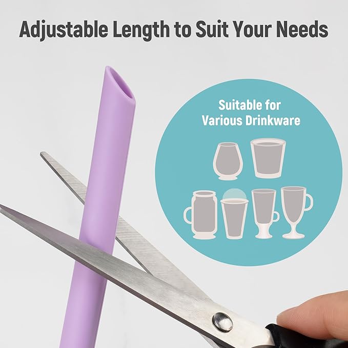 NiHome 6 PCS Wide Reusable Bent Silicone Straws for Boba, Smoothies, Bubble Tea, 0.425" Bent Straws Eco-Friendly, Colorful for Drinks, Child-Safe, Customizable Length, 2 Brushes (Rainbow Colors)