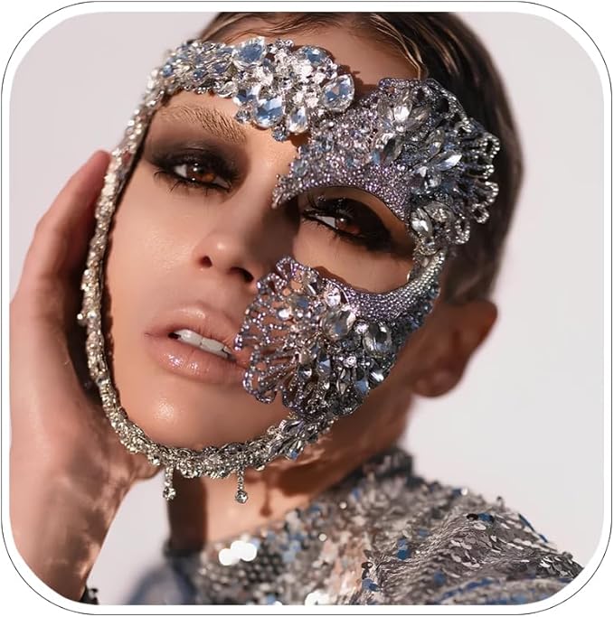 STONEFANS Masquerade Mask for Women Rhinestone Silver Venetian Mardi Gras Mask Costume Masquerade Accessories for Women