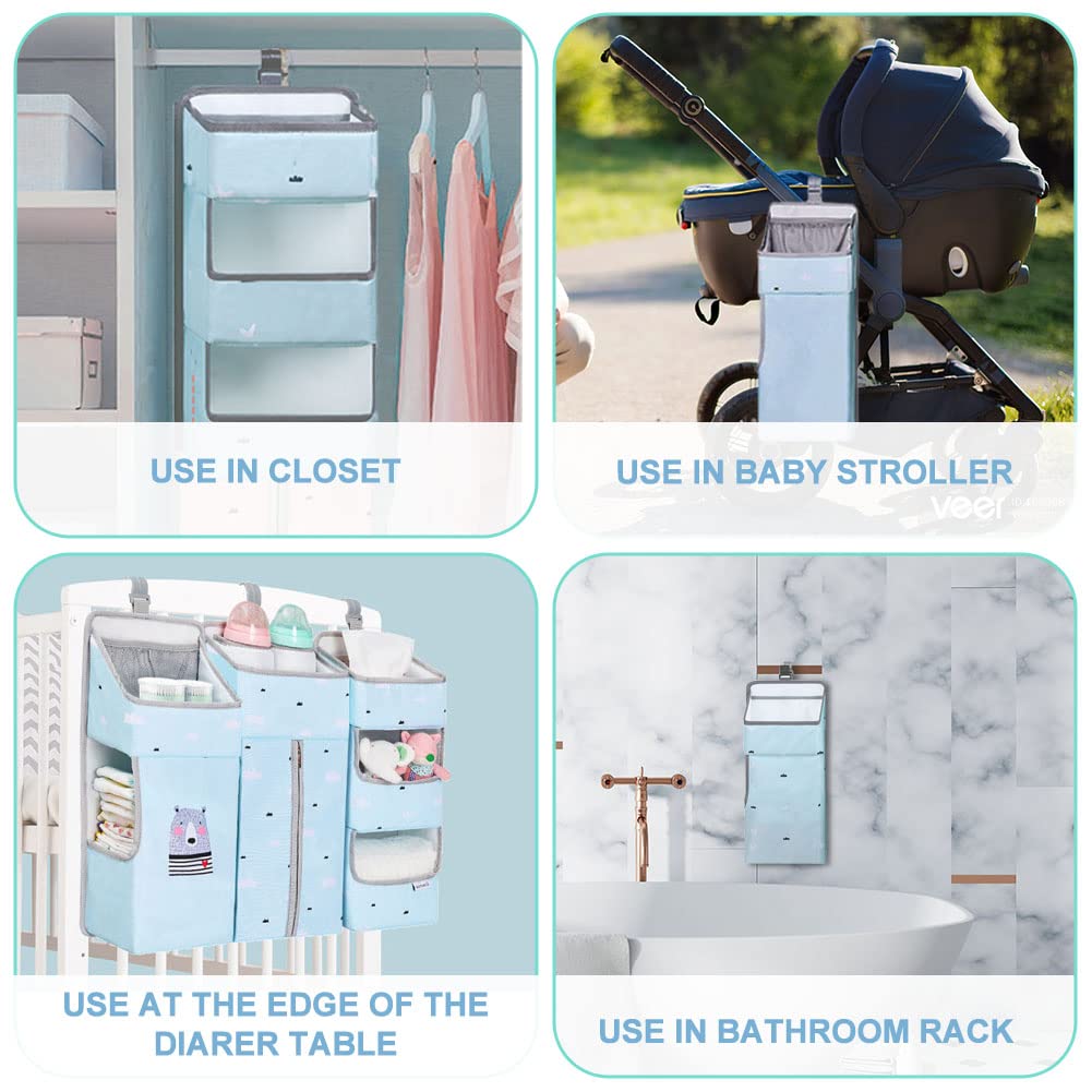 TOCKONIMN Hanging Diaper Caddy Organizer for Baby Crib - 3-in-1 Diaper Stacker for Changing Table Nursery Organization Storage Holder for Baby Essentials Attachment Portable Combining (Sky Blue)