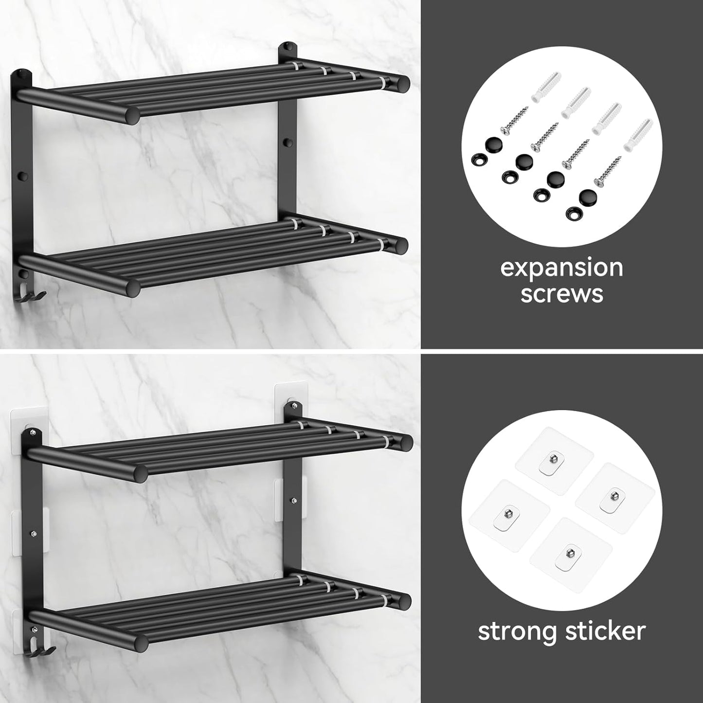 Black Adjustable Towel Bar for Bathroom Wall Mount17-30.7inch Adhesive Shower Towel Rack Stainless Steel Bath Towel Holders for Toilet Kitchen Double Towel Hanger (Black Double Towel Rack)