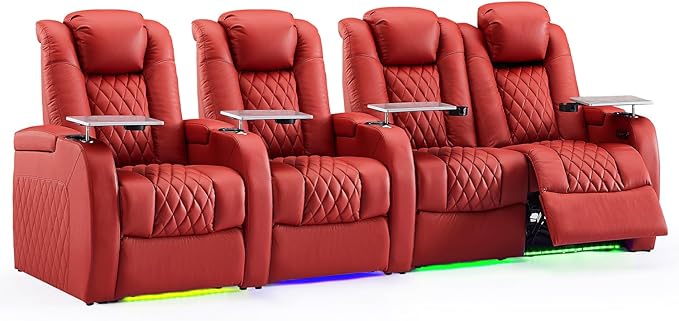 Weilianda Home Theater Seating Top Grain Leather Zero Gravity Recliner Chair Power Headrest Recline Movie Seat Gaming 7 Colors Mood Light Sofa with Tray Table USB Charge Row of 4 Loveseat Right Red