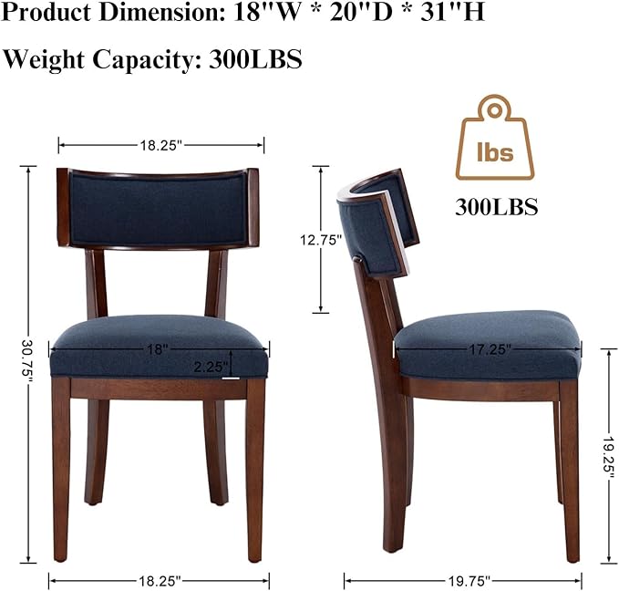 DM Furniture Upholstered Dining Chairs Set of 2 Farmhouse Kitchen Chairs with Solid Wood Legs Comfy Linen Accent Chair Modern Armless Side Chair for Dining/Living Room/Restaurant, Space Saving, Blue