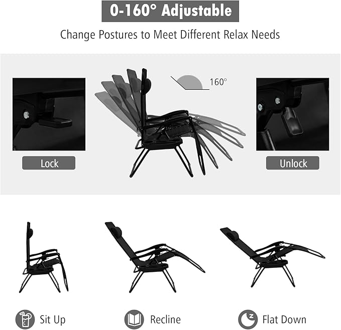Tangkula Set of 2 Zero Gravity Chair, Folding Patio Lounge Chair Adjustable Outdoor Recliner with Cup Holder, Wide Armrest for Patio Garden Poolside Outdoor Yard Beach, Support 350 lbs (2, Black)
