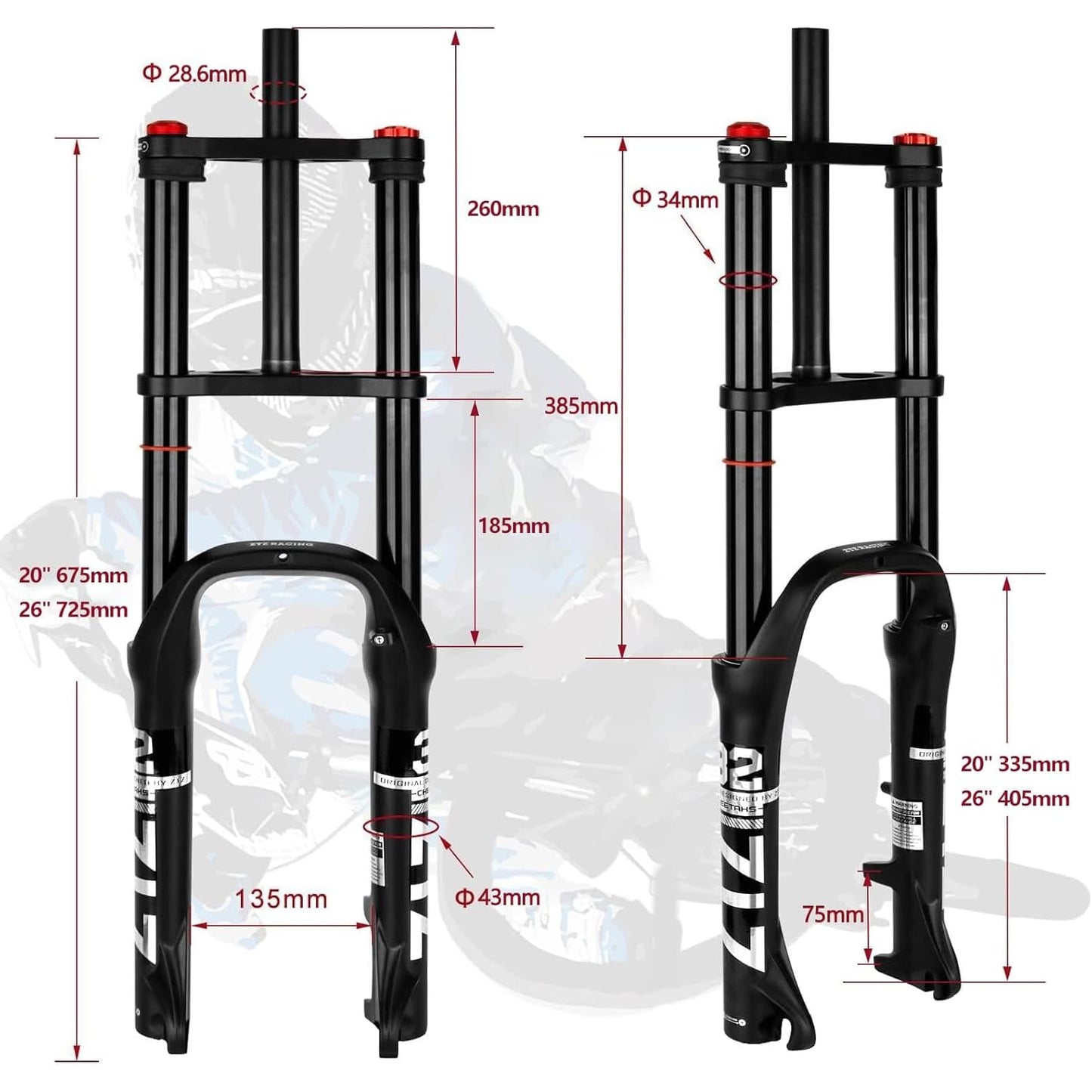 ZTZ 20/26 inch 4.0 Fat Tire Bike Air Suspension Fork - 180mm Travel, 135mm Hub Spacing, QR 9mm, Double Crown Shock Absorber Fork for MTB Fat Snow Beach E-Bike (Black Fat Tire Fork, 20 inch)