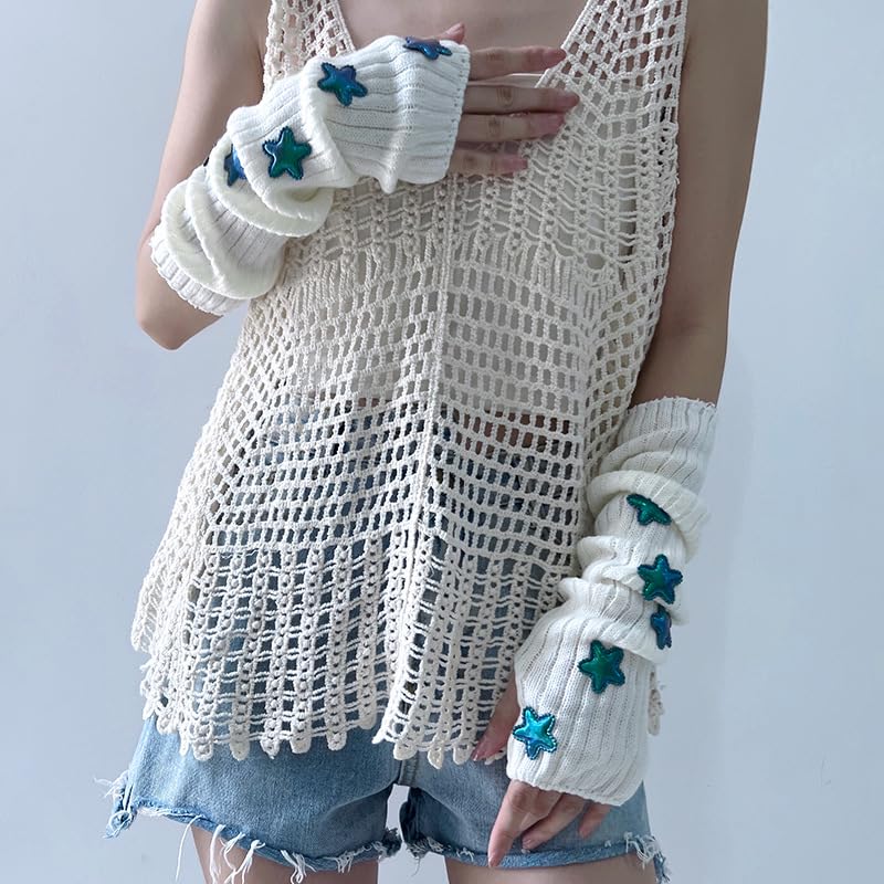 POHADON Women's Y2k Knit Arm Warmers Long Fingerless Mitten Thumb Hole Cute Star Gloves Japanese Harajuku Accessories (One Size,White)