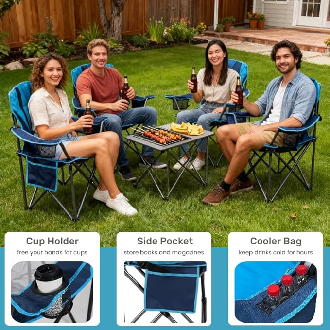 FAIR WIND 2 Pack Oversized Fully Padded Camping Chair with Lumbar Support, Heavy Duty Cooler Bag Fold Chair Support 450 LBS, Blue Green