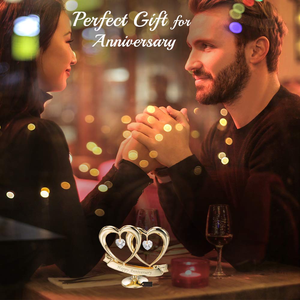 Matashi 24K Gold Plated Anniversary Heart Sculpture with Crystals – Double Heart Statue - Perfect Christmas and Holiday Gift and Premium Quality Cake Topper