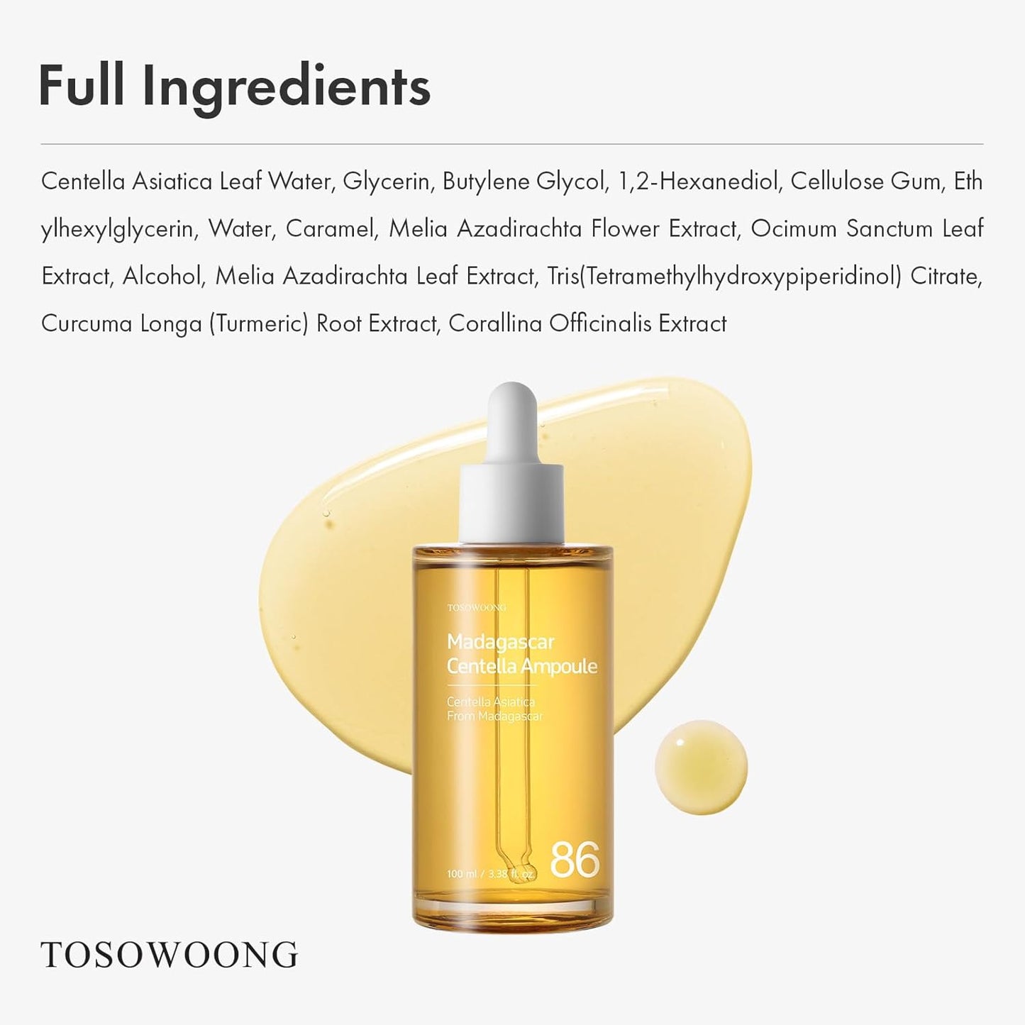 Madagascar Centella 86% Ampoule with 860,048ppm Centella Asiatica, Soothing, Calming, Facial Serum for face, for All Skin Types, Korean Skin Care, 100ml, 3.38 fl.oz.