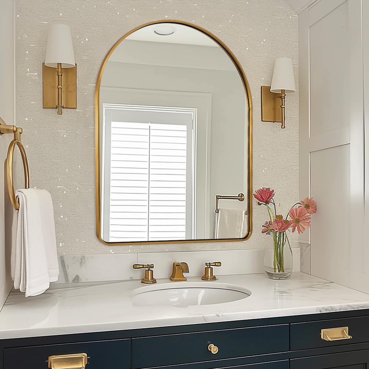ANDY STAR 30x40’’ Arched Gold Mirrors for Wall, Brushed Brass Arched Bathroom Mirror Rounded Corner, Gold Arched Vanity Mirror,SUS304-Anti-Rust, Tube Frame, Wall-Mounted Vertical 1’’ Deep