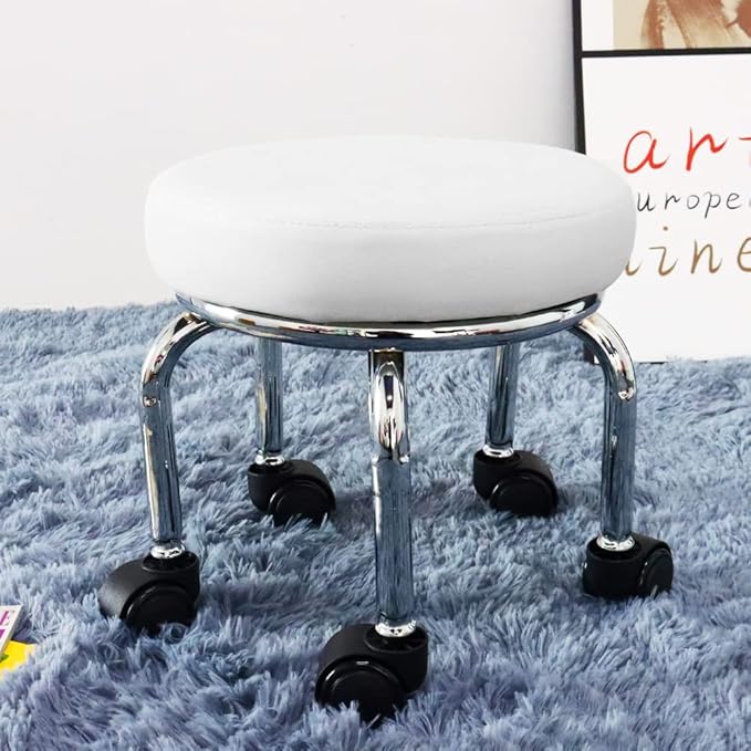 WKWKER Modern Roller Seat PU Leather Low Round Rolling Stool 360° Swivel Small Low Seat with Universal Caster Wheels Foot Stool for Home Office Garage Shop Fitness Sport H：12.4" （White）
