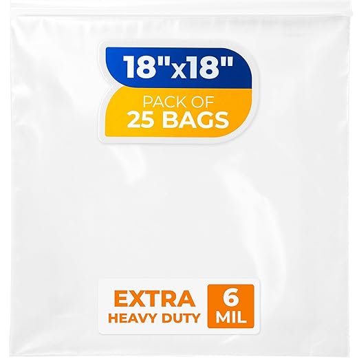 18" x 18" Extra Large Zip Seal Lock Bags, 6 Mil (Pack of 25) – Heavy-Duty Reclosable Plastic Bags – Clear, Resealable, Waterproof – For Storing Clothes, Jewelry, and Travel Items