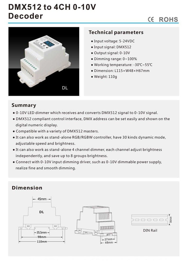 Dmx512 To 4Ch 0-10V Decoder 0-10V Led Dimmer Dmx512 Signal To 0-10V Signal Rgb/Rgbw Controller 4 Channel Dimmer 5-24V