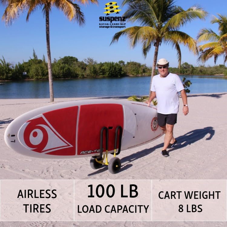 Suspenz Stand Up Paddle Board & Surfboard Transport Cart with Airless Wheels, Single-Up SUP Carrier Trolley, Yellow (22-9911)