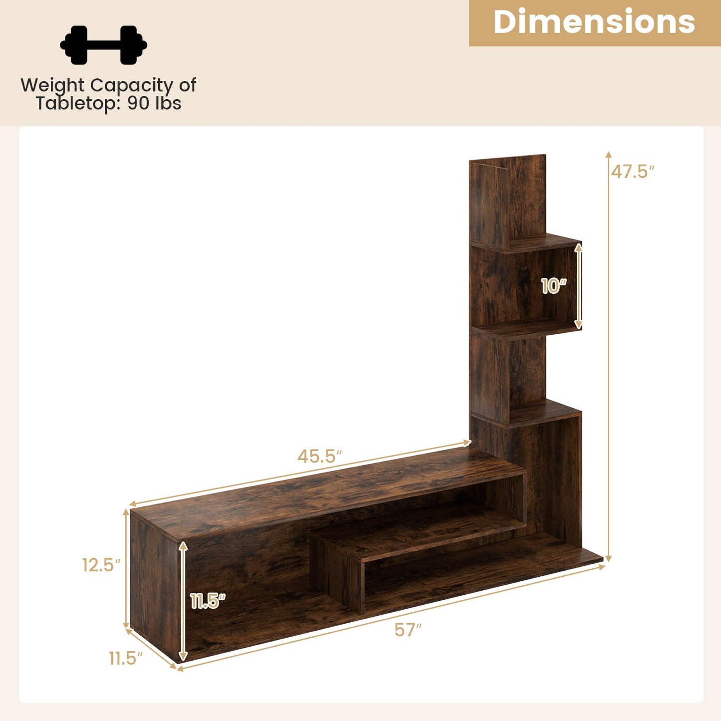Giantex L-Shaped TV Stand for TVs up to 50", TV Entertainment Center with Storage & 3 Tier Bookshelves, Modern TV Console Table for Living Room, Bedroom, Entryway (Rustic Brown)