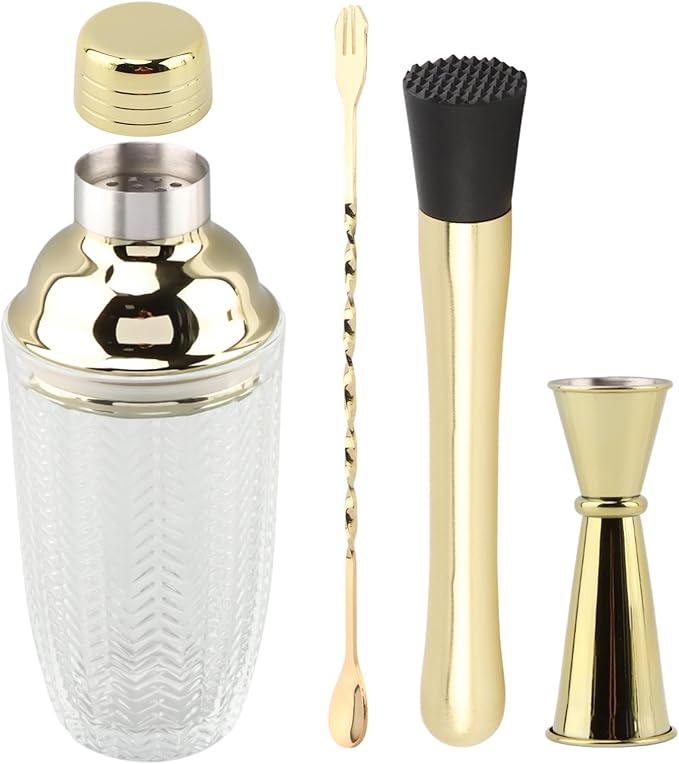 Gold Cocktail Shaker Set with Measuring Jigger, Mixing Spoon & Muddler – Home Bar Accessories for Cocktails & Protein Shak...