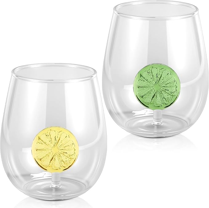 Remerry 2 Pcs Lemon Wine Glasses 12oz Yellow Lemon Slice Stemless Wine Glasses with 3D Lime Slice Figurines Inside Icon Gl...
