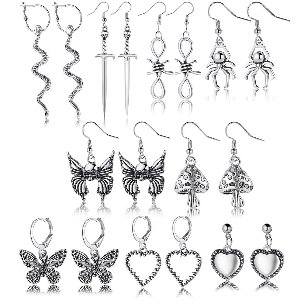 Gothic Earrings Set, Metal Punk Goth Vintage Silver Snake Spider Butterfly Dagger Dangle Drop Earrings for Women, Grunge Y2K Emo Jewelry Pack Party Costume Accessories (Style1)